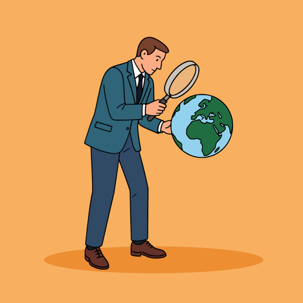 investigation, exploration, research, globe, earth, magnifying glass, global, world, analysis, man, business, environment, study, planning, strategy, cartoon, male, science, discovery, observation, examination, ecology